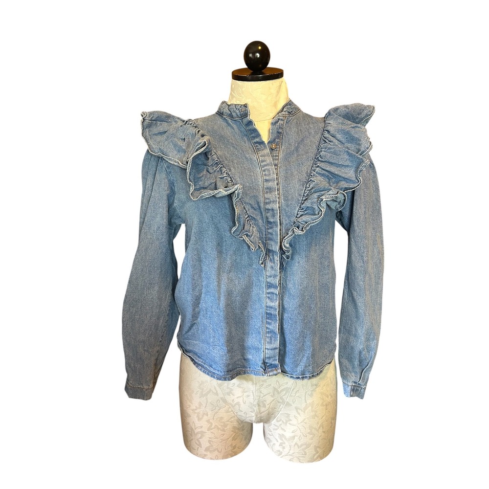 Olivaceous Blue Denim Ruffle Button Down Shirt Light Wash Cotton Boho Sz S